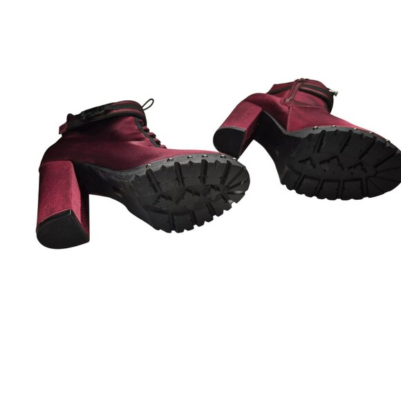 Burgundy Satin High-Heel Combat Boots Studded Soles Womens Size 7 - Picture 6 of 7